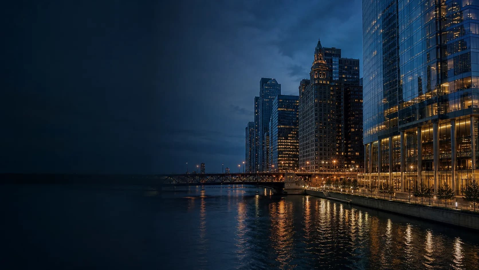 Chicago River and downtown architecture at blue hour