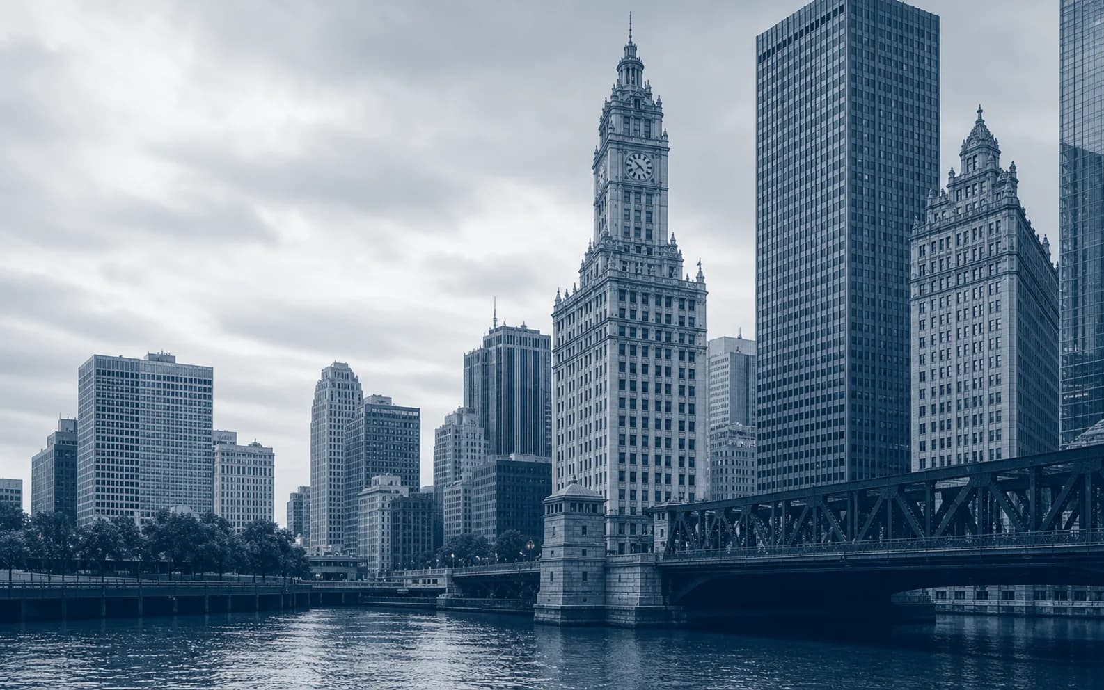 Chicago River, Wrigley Building, and downtown architecture